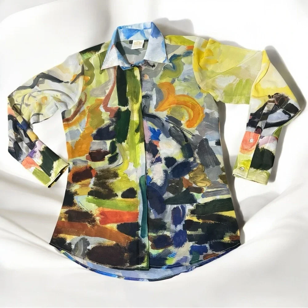Dena Lyons NWOT Palm Beach Button Down Art brush strokes‎ long sleeve colorful 4